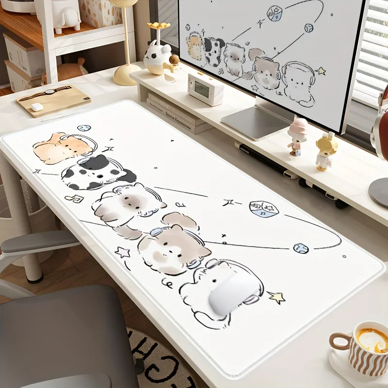 لوحة ماوس مطاطية كبيرة لطيفة على شكل قطة وموسيقى - حصيرة مكتب مريحة غير قابلة للانزلاق مع سماعات رأس وتصميم نجمة، بوليستر متين