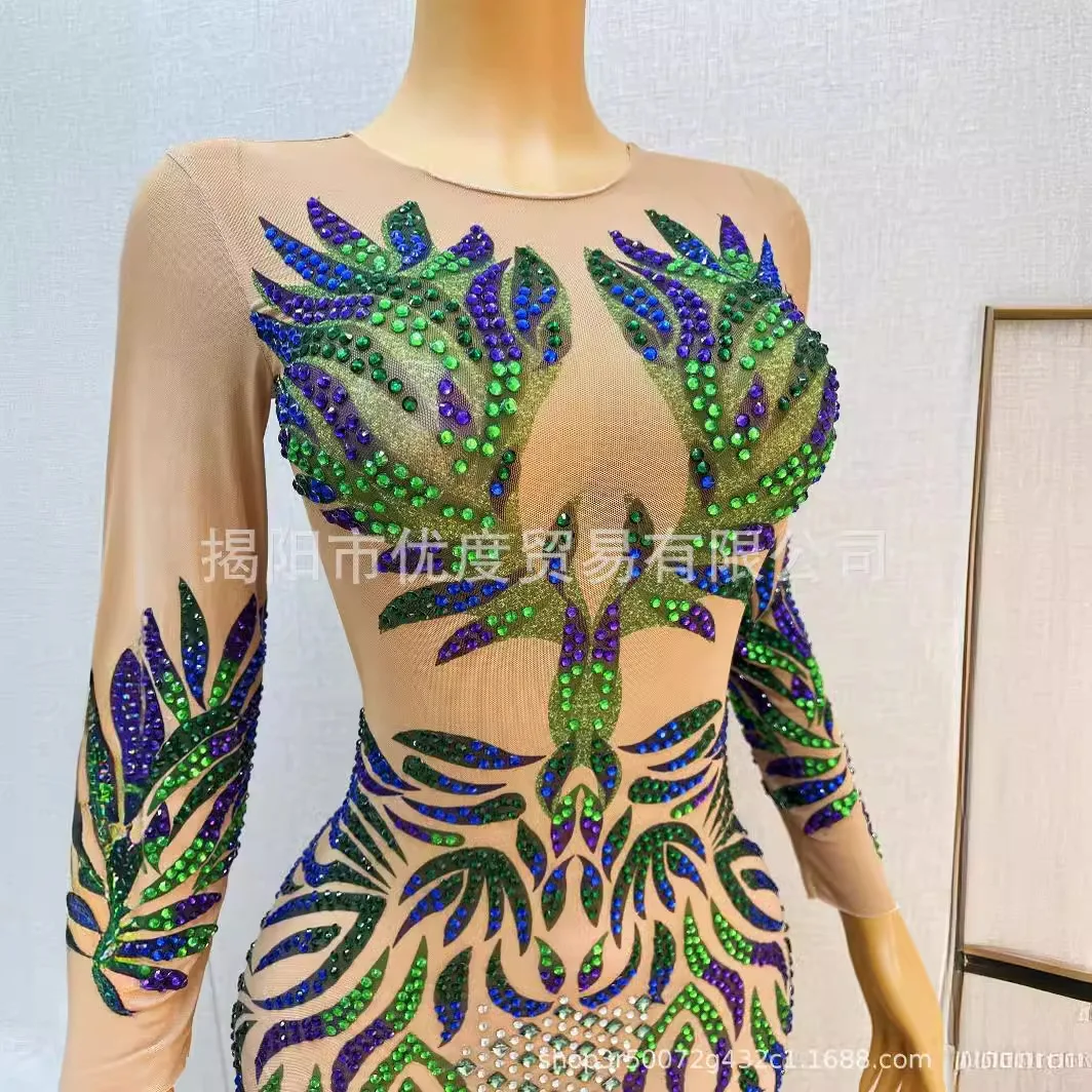 Small Fresh Shining Perspective Design Sense Rhinestone Temperament Dress Cocktail Party Night Performance Long Dress Feathers