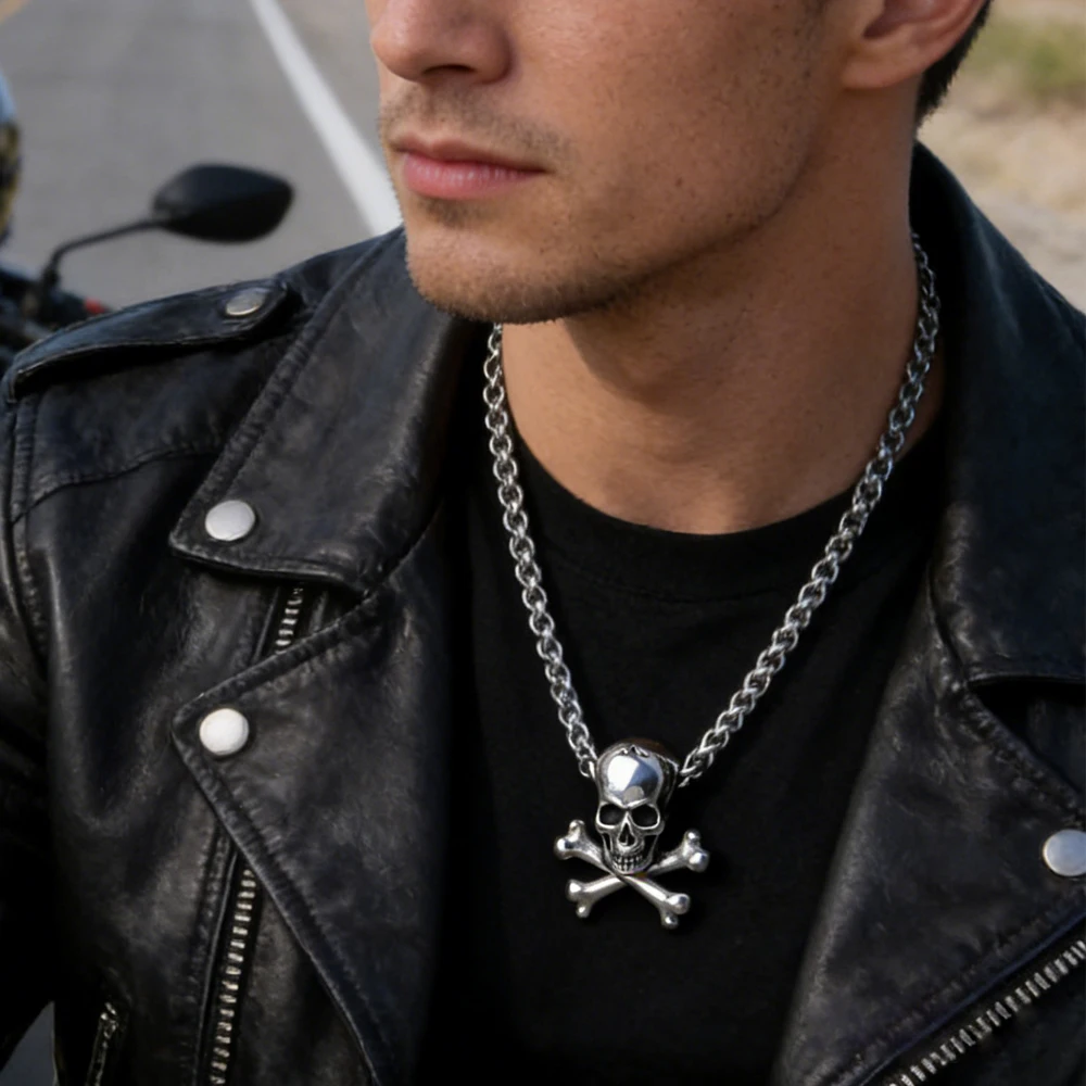 Collar con colgante de calavera gótica y huesos entrelazados para hombre, cadena cubana de acero inoxidable 316L, joyería punk para motociclistas, regalo con caja de madera.