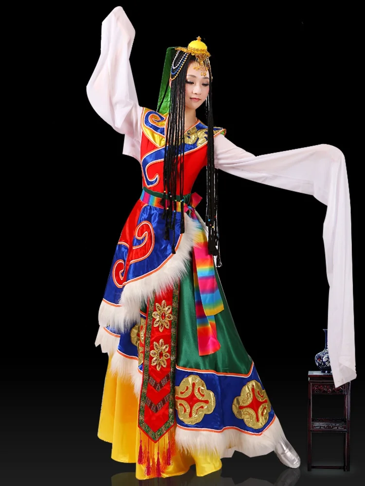 

Женский тибетский танцевальный костюм, одежда для выступлений, монгольская этническая одежда, тибетская танцевальная юбка, сценический наряд