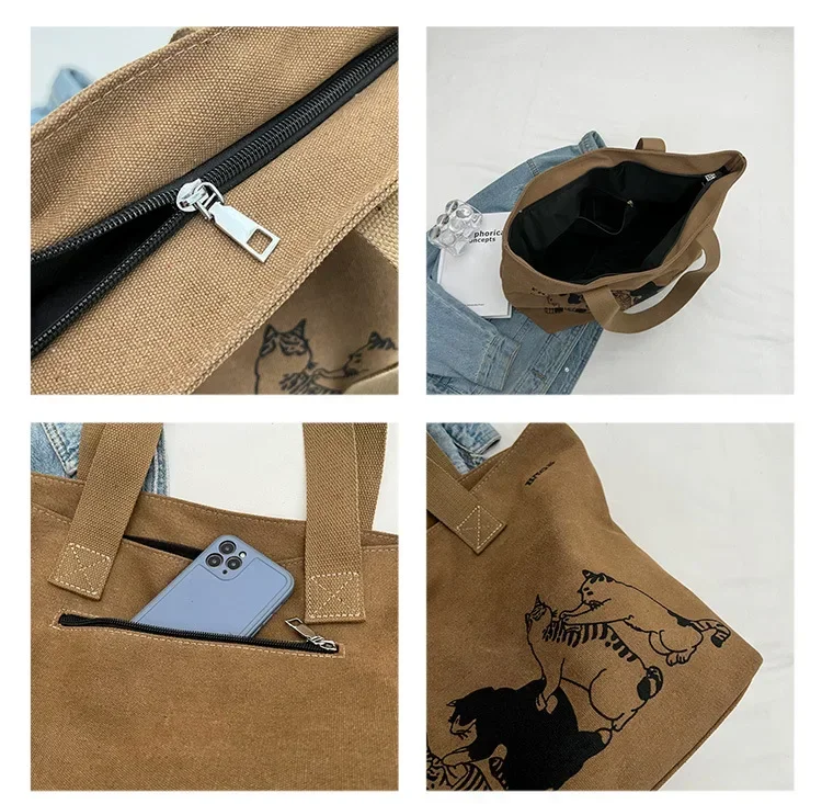 Geräumige Anime-Katzen-Canvas-Tragetasche für Damen mit Schriftzug-Druck, lässige Schultertasche für den Alltag, tragbare Handtasche für Mädchen – Detail 7