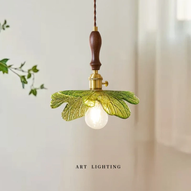 Copper Wood Glass LED Pendant Lights French Minimalism Lotus Leaf Bar Cafe Loft Living Dining Room Decor Bedside Hanging Lamp