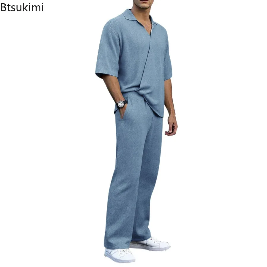 New 2025 Men's Spring Summer Retro Casual Sports Outfit Solid V-neck Half Sleeve Shirt Loose Trousers Two Pieces Beach Suit Male