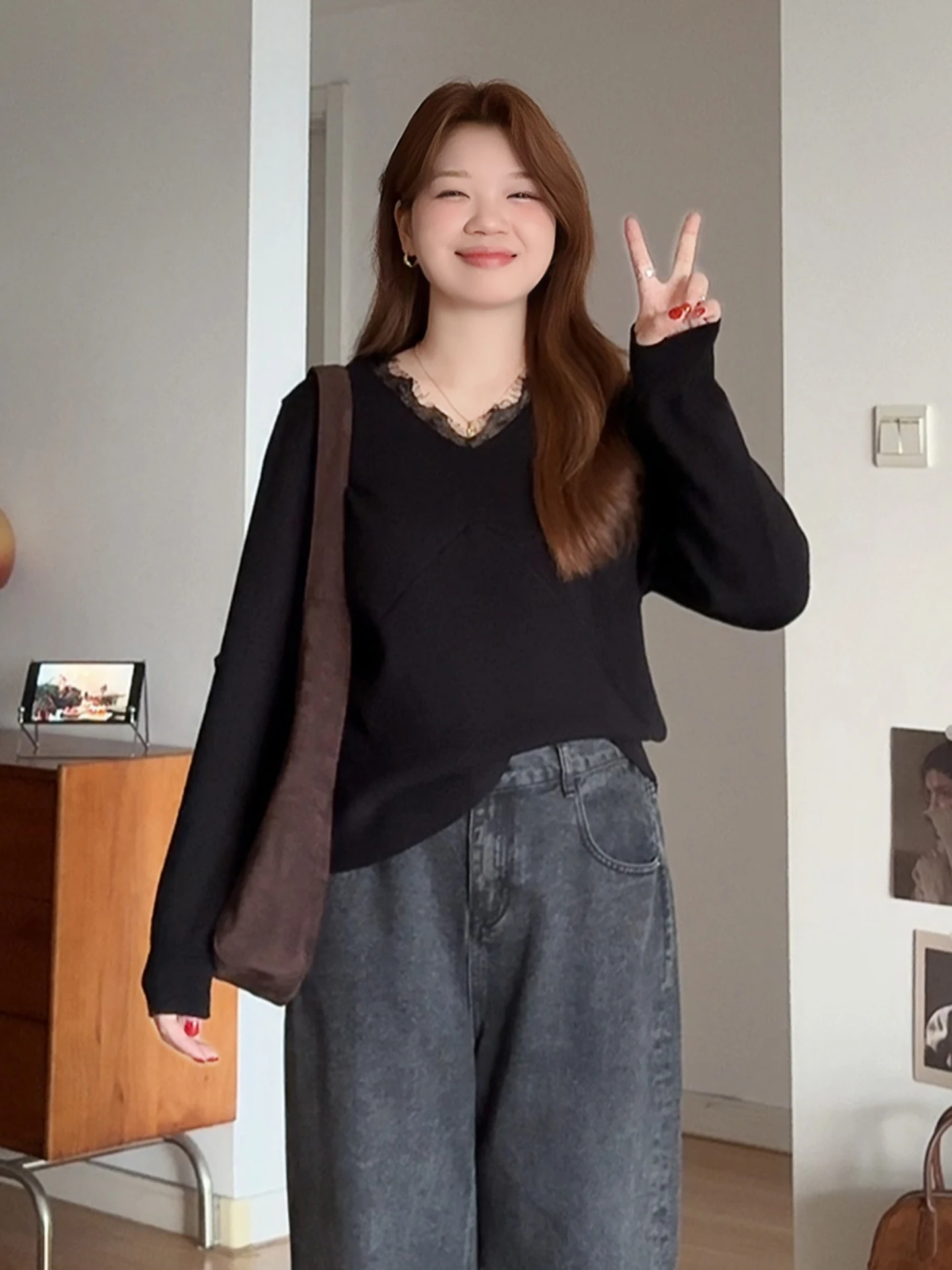 

plus Size Women's Knitwear V-Ne Long Sve Lace Trim Inner Wear Autumn Winter Comfortable Breathable High Waist Loose Fit