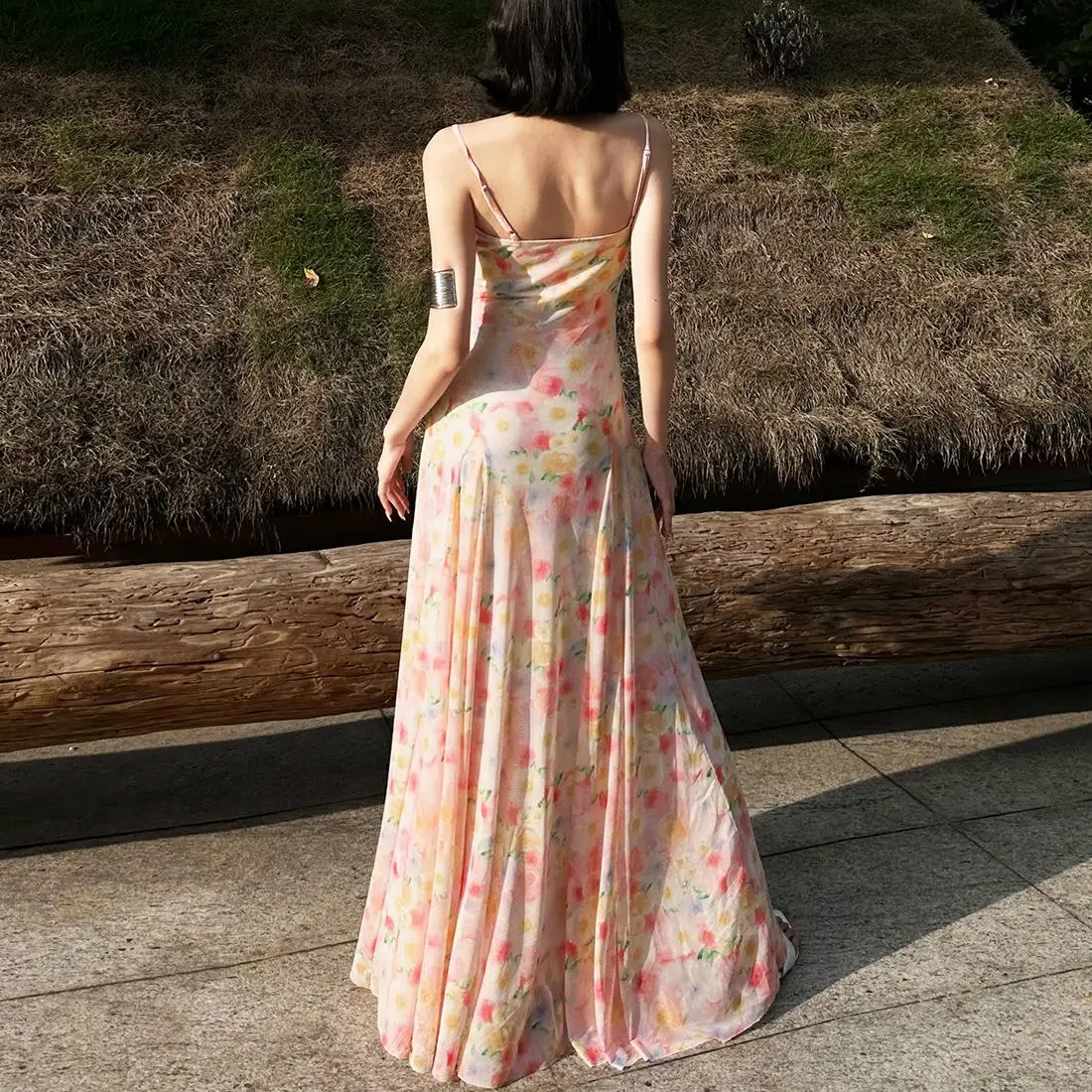 Sommer Fre Blumendruck Lang Dr Damen Cross-Border Sle Trägerkleid mittlere Taille A-Linie Rock Keine Marke Europäische Sle