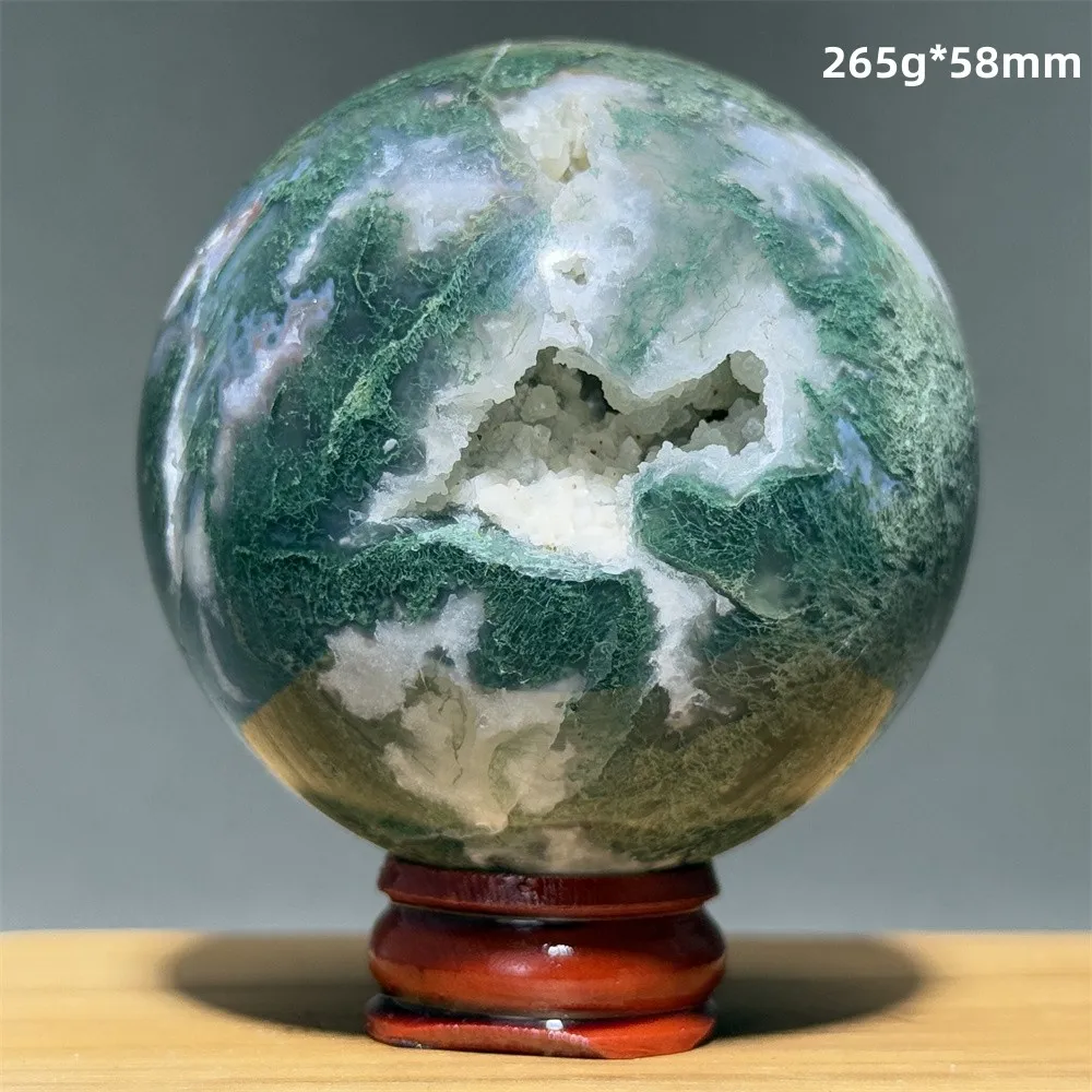 Natural Mineral Quartz Moss Agate Crystal Ball Home Feng Shui Lucky Ornaments Reiki Healing Spiritual Meditation Gem+Base - view 5