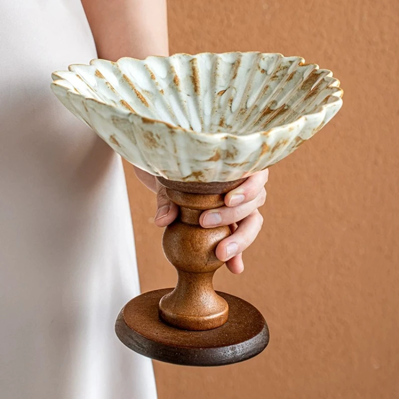 Rustic 8 Inch Flower Shape Candy Tray Wabi Sabi Serving Platter Tea Cake Stand Coarse Ceramic Sanded Wooden Elegant Base