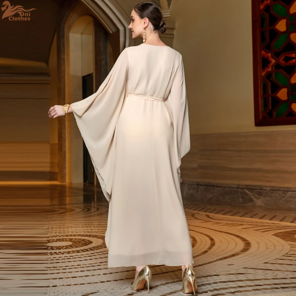 Elegant Floral Embroidery Sequins Butterfly Sleeves Belted Kaftan Ladies Evening Dresses Casual Loose Arab Muslim Women Clothes view 2