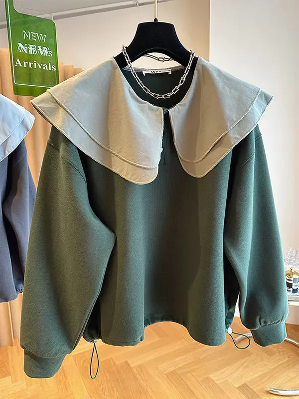 

Loose Fit Double Layered Hoodie Women's Casual Style Floral Doll Collar Top Spring Autumn Versatile Ageless Fashion