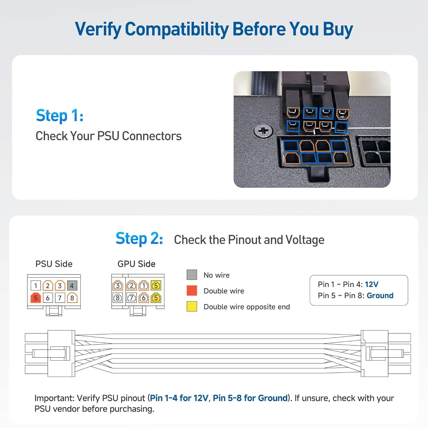 PCIe Cable Compatible with Corsair Type 3 Type 4 PSU, 8 Pin to 6+2 GPU Power Cable, 18AWG Modular Cable
