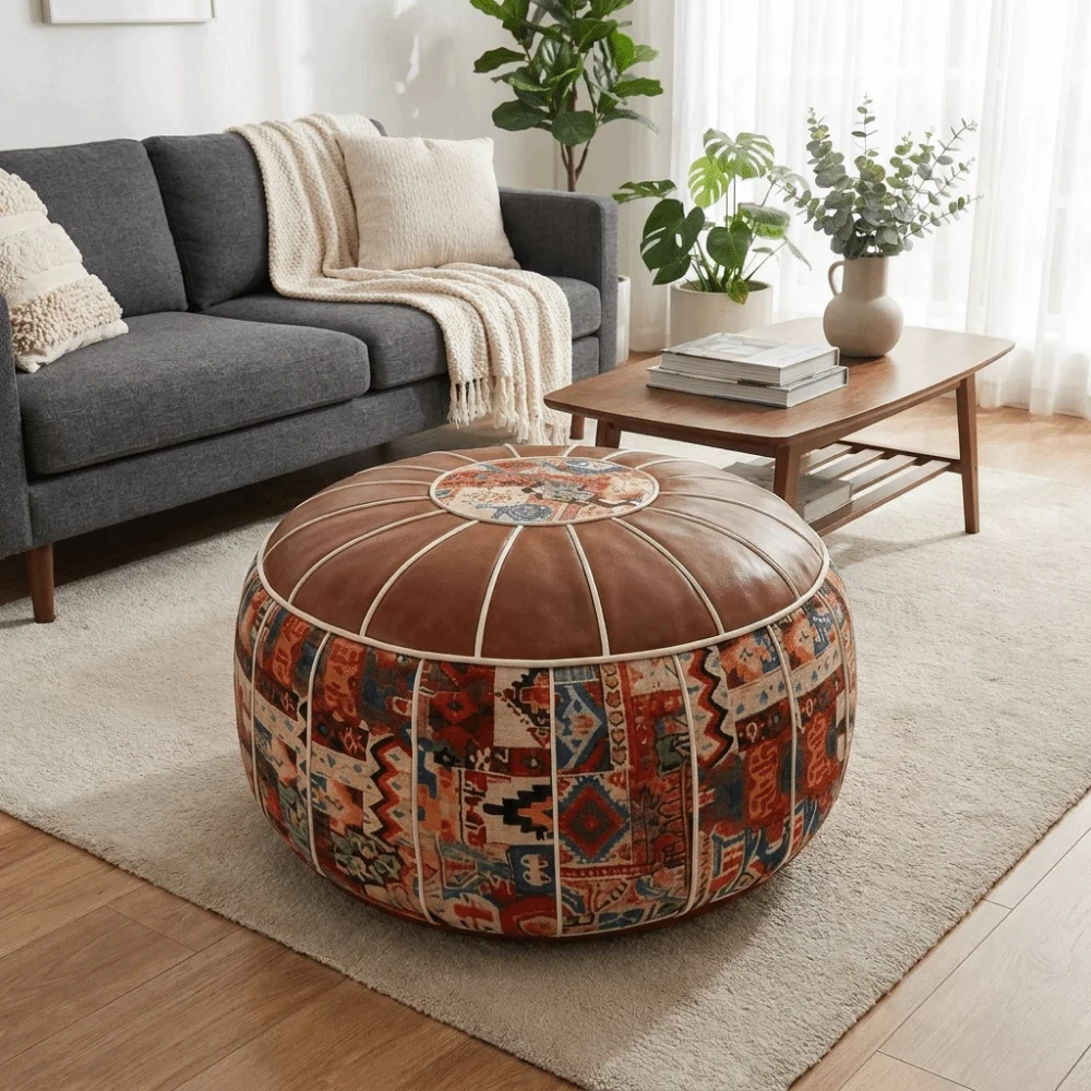 Leather Boho Seat Cushion Cover Embroider Craft Unstuffed Sofa Stool Cover Large Capacity Waterproof Pumpkin Pouf Cover