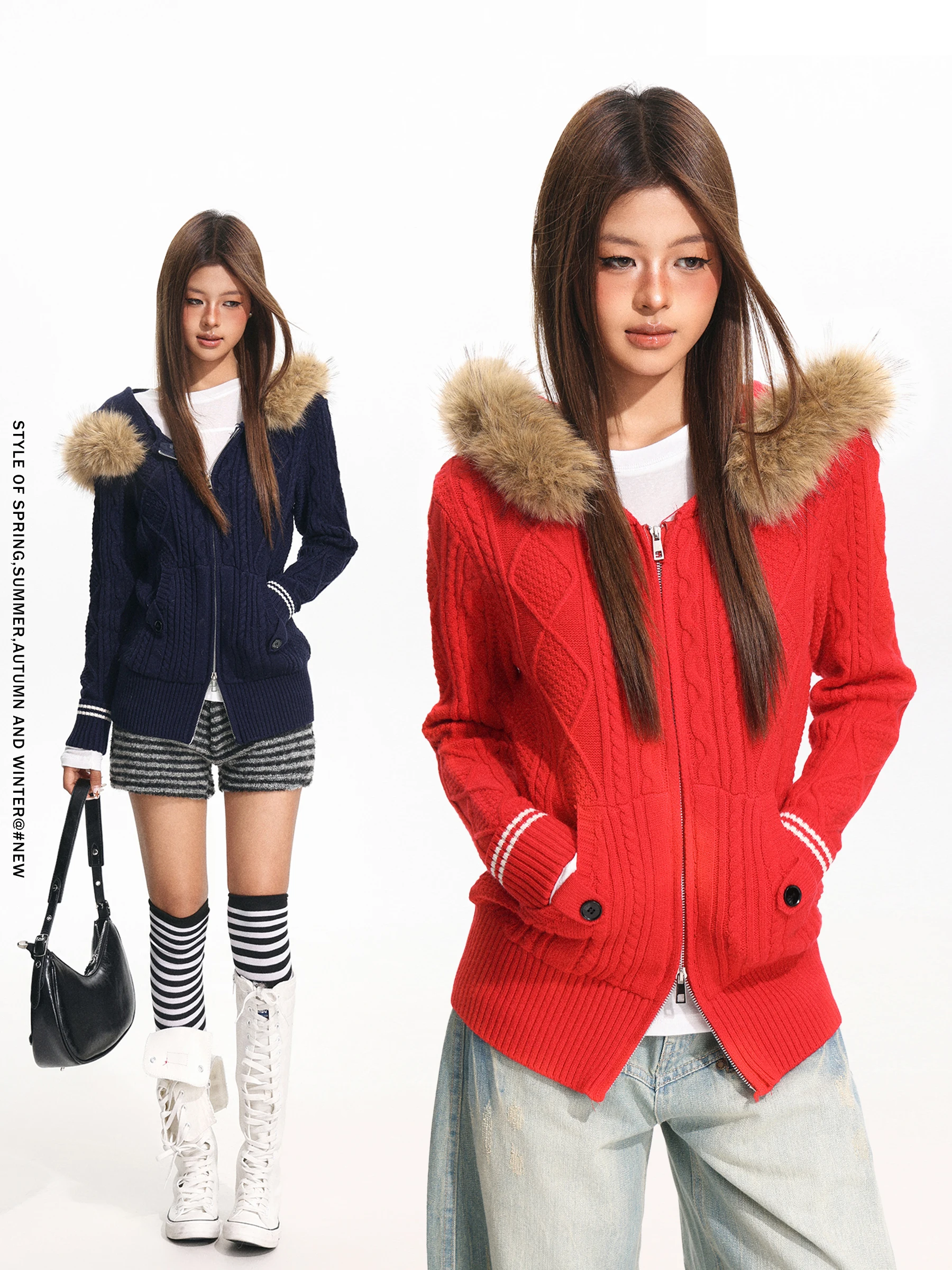 

Красный джет с капюшоном и меховым воротником. Женский зимний теплый вязаный свитер. Повседневный трикотаж на молнии.