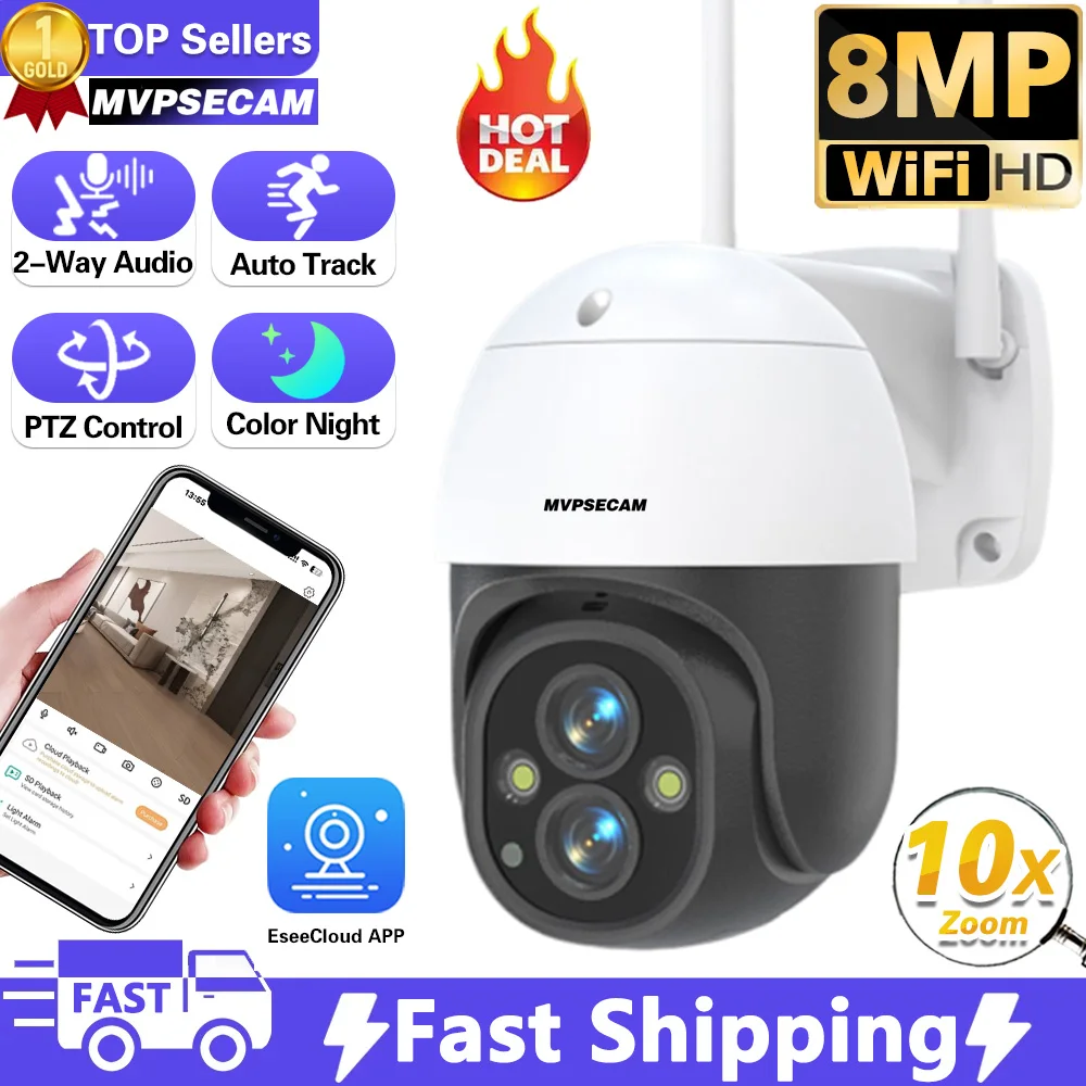 4K 8MP WiFi IP การเฝ้าระวังกล้อง Dual เลนส์ PTZ Wifi video cam สําหรับ home mini 10X ซูมไร้สาย Wifi กล้องวงจรปิดการเฝ้าระวังกล้อง