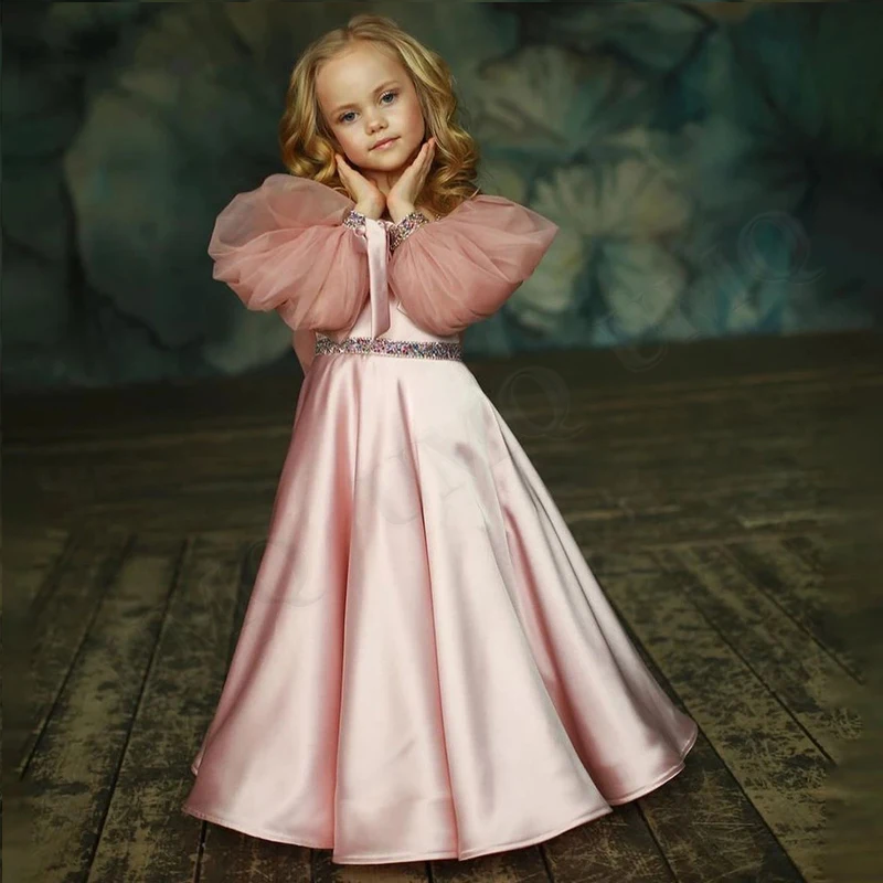 Baby First Communion Lovely Pink Satin Flower Girl Dress Birthday Wedding Party Dresses Costumes Drop Shipping