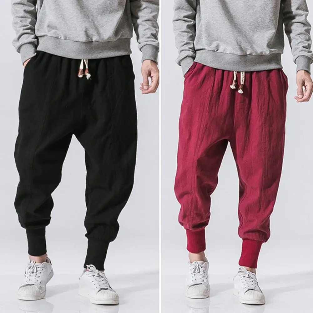 

Cotton Linen Harem Pants Men Solid Elastic Waist Streetwear Joggers New Baggy Drop-crotch Pants Casual Trousers Men