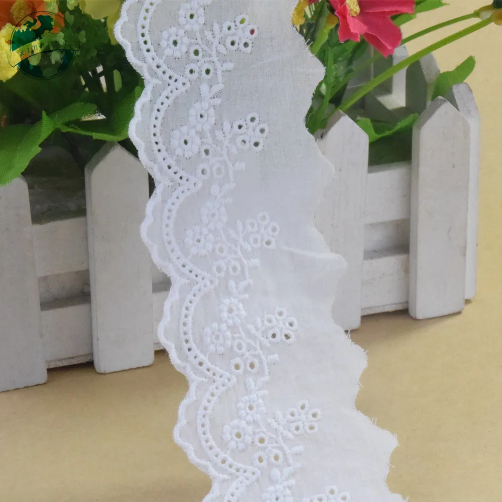 White Lace Cotton Fabric 5cm WideLace Embroidery Sewing Ribbon Trim Wedding Evening Dress DIY Dolls Colthes Accessories #4296