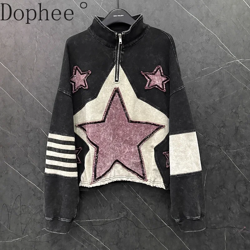 High Quality Spring Autumn Women Sweatshirt Patch Five-pointed Star Stand Collar Pullover Top Full Sleeve Casual Short Hoodies