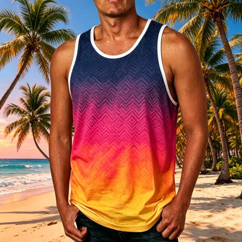 Men's Gradient Ombre Tribal and Boho Printed Sleeveless Tank Tops, for Casual Weekends, Seaside Tours & Daily Streetwear