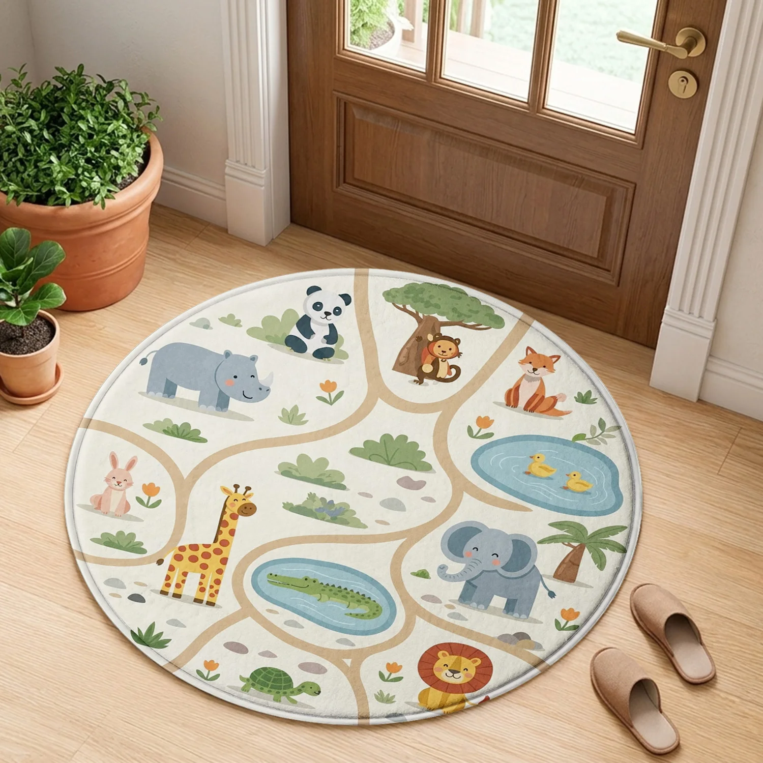 Cute Jungle Animals Safari Map Giraffe Elephant Lion Cartoon Zoo Pattern Round Mat Area Rug Home Decor