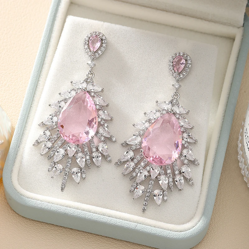 Beautiful Sea Blue Big Water Drop Zircon Dangle Earrings High Quality Women Wedding Jewelry Luxury Bride Party Drop Earrings