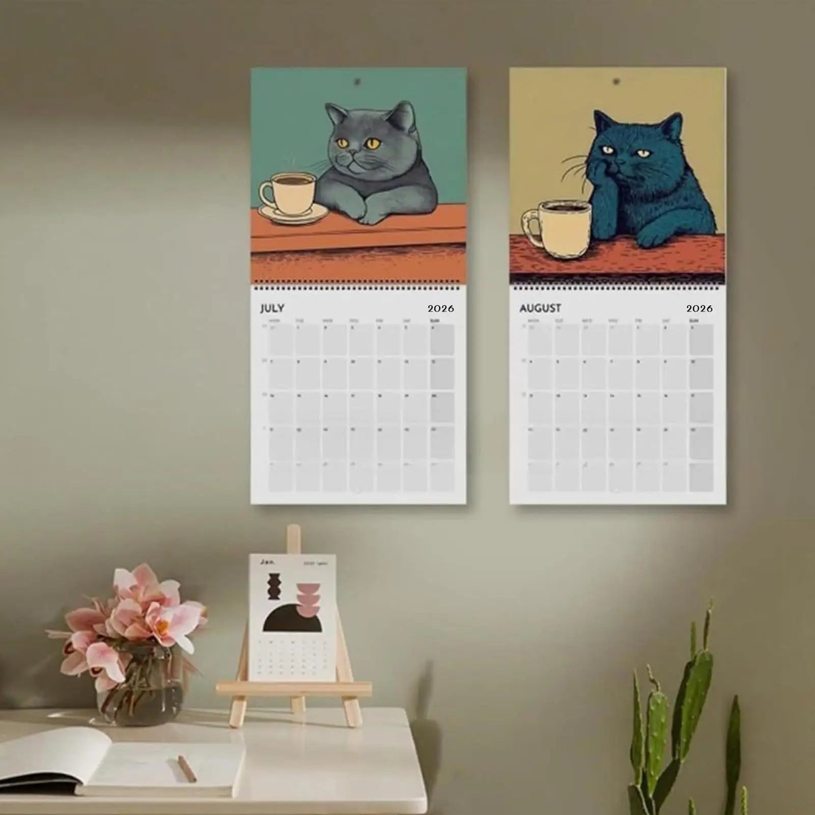 2026 ปฏิทินผนังรายเดือนแขวนปฏิทินติดผนังแมวการออกแบบรายเดือน 12 เดือนครอบครัววางแผนออแกไนเซอร์ปฏิทินสำหรับห้องนั่งเล่น