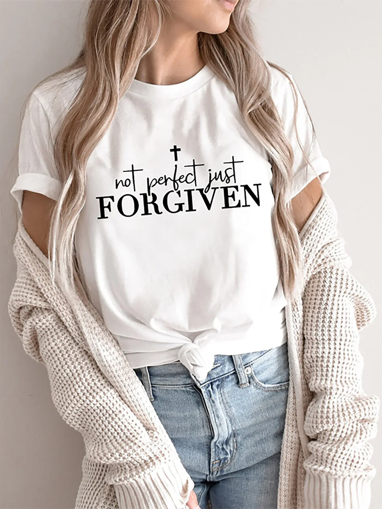 Forgiven Print Faith T Shirt, Short Sleeve Crew Neck Casual Top for Summer & Spring, Aesthetic Graphic Tee Women's Clothing