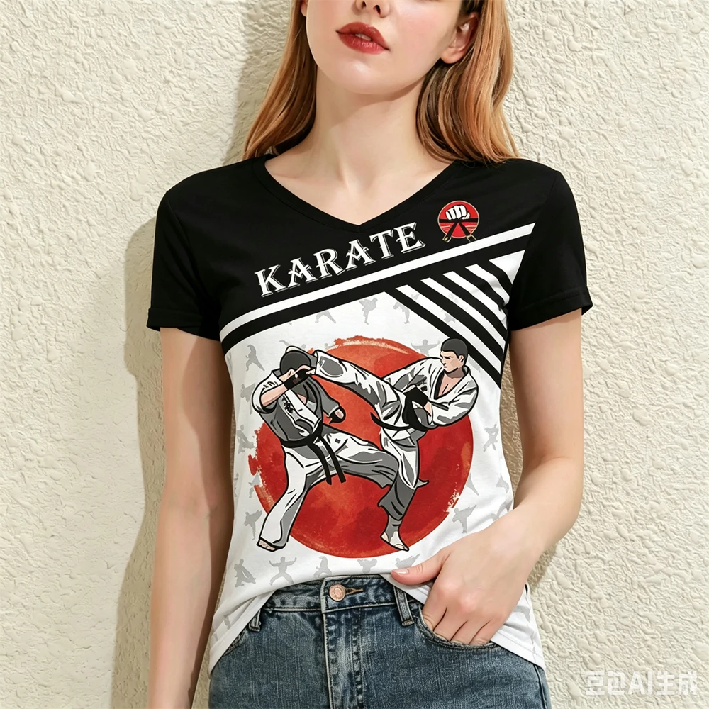 Karate Sports Women's T-shirts Casual V-neck Short Sleeve Tees Summer Loose Female Tops Fashion Martial Arts Training Clothing