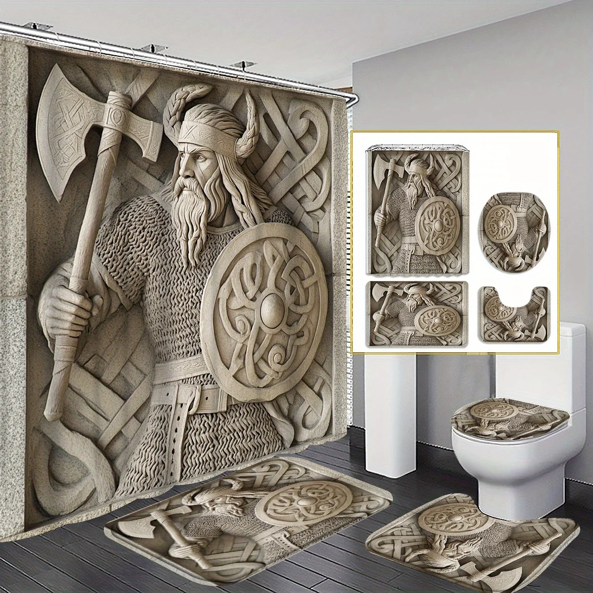 4pcs Nordic Handheld Shield Viking Warrior Relief Pattern Shower Curtain Set, Bathroom Curtains, Bathroom Decorative Shower