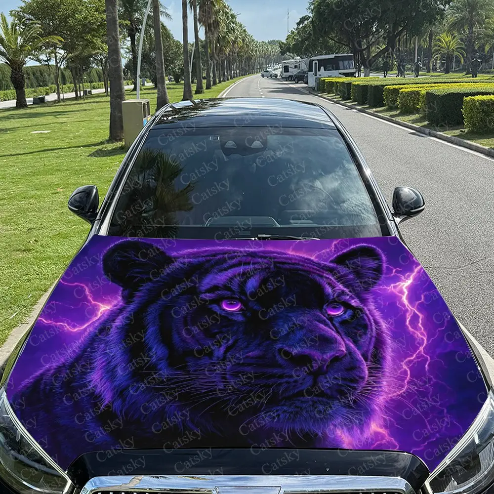 

Purple Electric Black Tiger Car Hood Decal Sticker, Durable Car Vinyl Wraps Suitable For Most Vehicles, Car Engine Hood Protecti