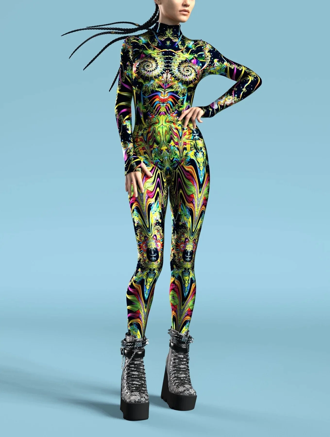 Damen Mehrfarbiger 3D-Druck Festtagsparty Regenbogen Sexy Enger Bodysuit Punk Cosplay Kostüm Performance Romper – Detail 26