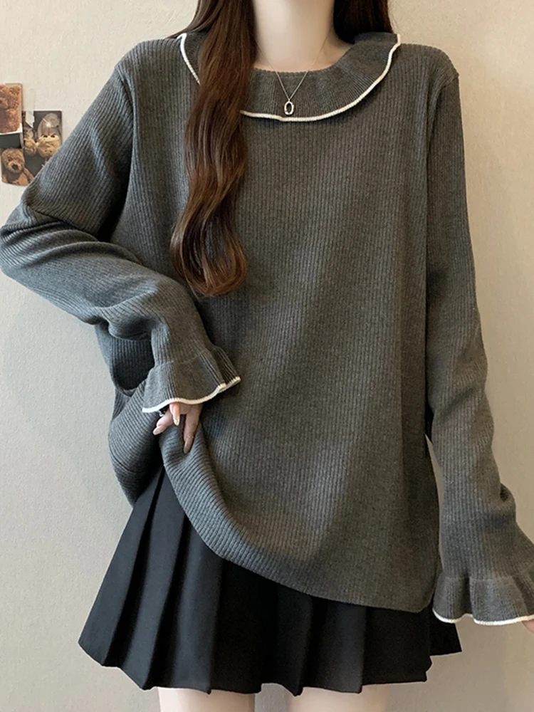 여성용 오버사이즈 라운드 넥 컬러 블록 니트웨어 겨울 신상품 롱 슬리브 다용도 편안한 스웨터