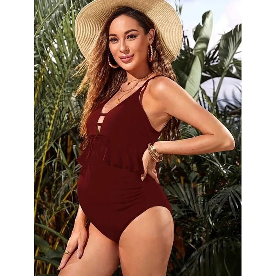 Traje de baño de maternidad elegante para mujeres embarazadas, bañador de una pieza con volantes de cuerda, Ideal para playas, piscinas y actividades al aire libre