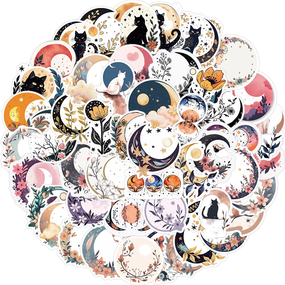 10/30/50PCS Bohemian Moon Flowers Cat Stickers Aesthetic Cartoon Artsy Decals Waterproof Vintage Decoration Sticker Kids Toys