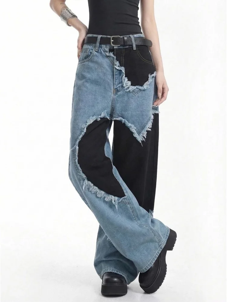 2026 Y2K Fashion Vintage Blue Heart Patchwork Baggy Women's Jeans Pants For Woman Clothing Straight Gothic Denim Trousers