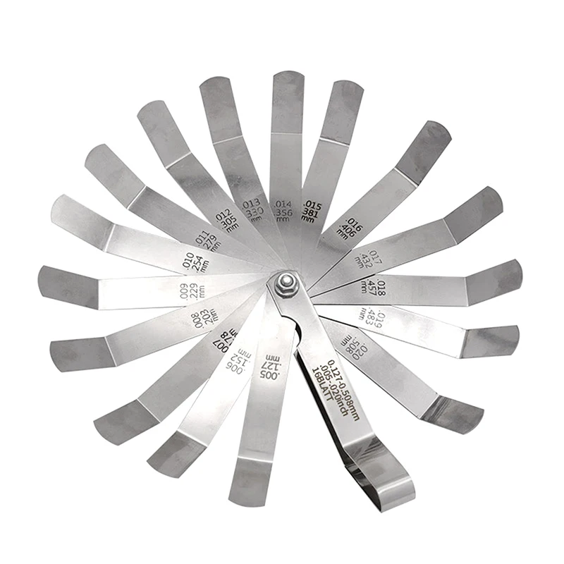 15/16Pcs Blades Feeler Gauge 0.02-0.1MM/0.127-0.508MM Thickness Curved Stainless Steel Gap Metric Filler Feeler Gauge