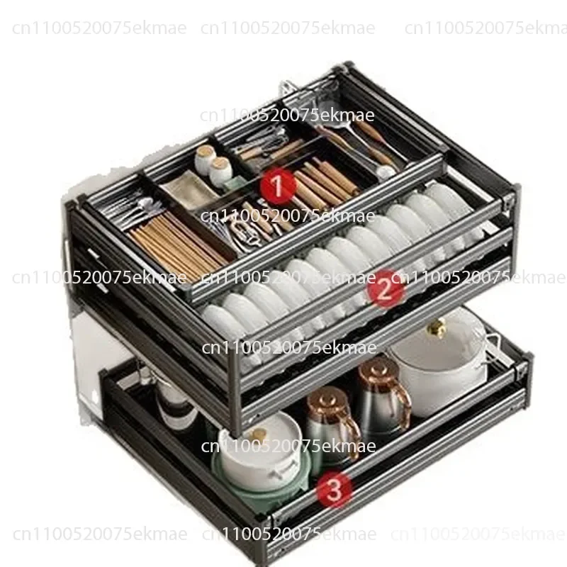 Durab Aluminum Alloy Dishes Basket Kitchen Cabinet Double Drawer Type Built-in Seasoning Basket