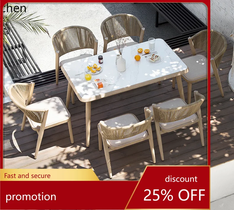 

HT outdoor table and chair courtyard outdoor garden leisure waterproof sunscreen villa rock slab dining table rattan chair