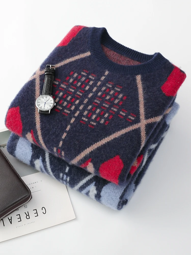 เสื้อสเวตเตอร์ไหมพรมขนแกะเมอริโนแท้ 100% สำหรับผู้ชาย รุ่นใหม่ ฤดูใบไม้ร่วง ฤดูหนาว คอทรงโอ หนานุ่ม สไตล์เรโทร ลายแจ็คการ์ด  ใส่สบาย อบอุ่น