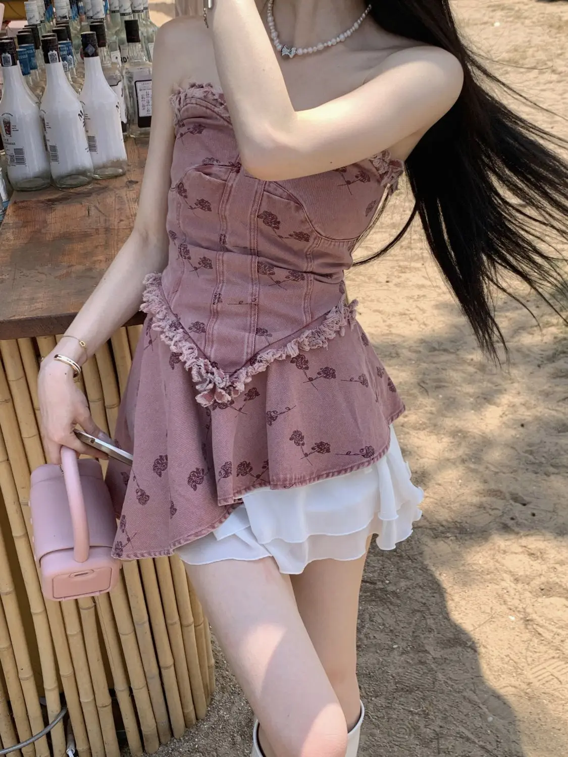 Korea Denim Two Pieces Set Sweet Patchwork 3D Flower Irregular Tops Women Y2k Aesthetic Ruffled Skirt Suit