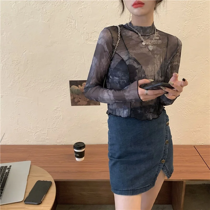 

Ice Silk Dyed Short Sleeve Women's Base Shirt Mesh Print Commute Style Korean Version Half High Collar Long Sleeve Top