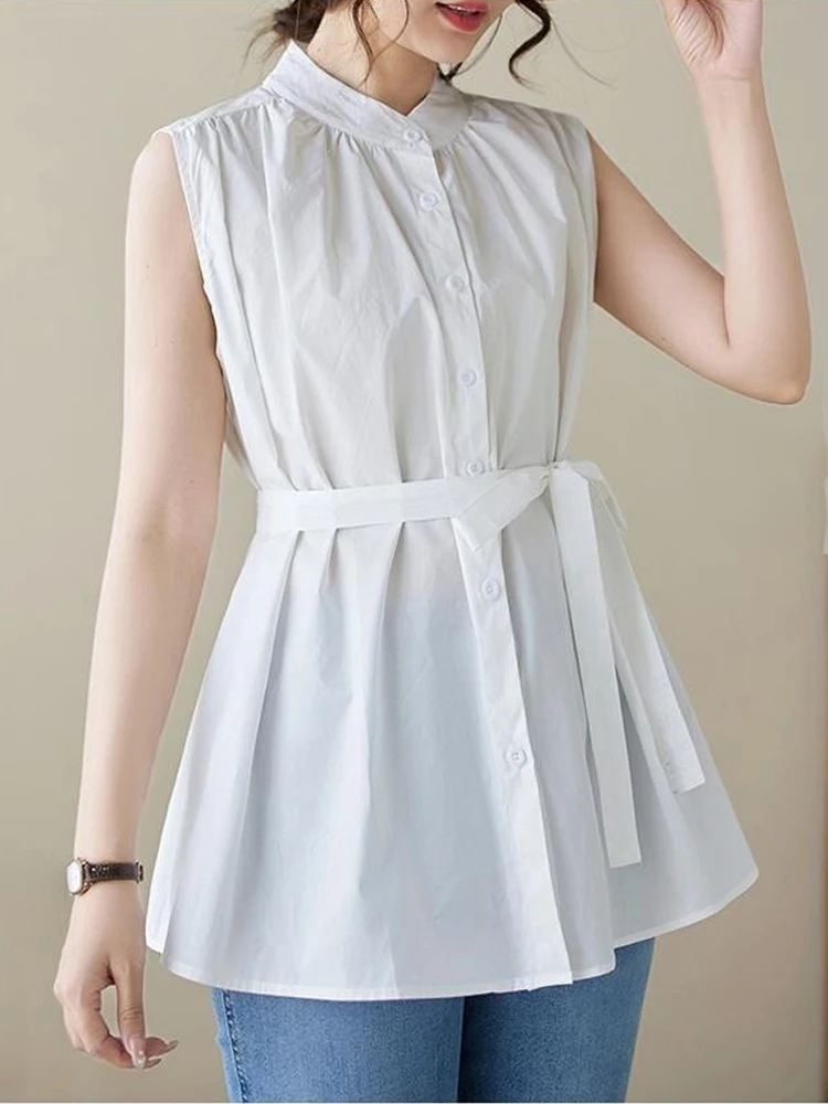 

Zadily 2025 Summer Casual Sleeveless Women White Shirt Minimalist Loose Bandage Button Up Women's Tops Female Clothing