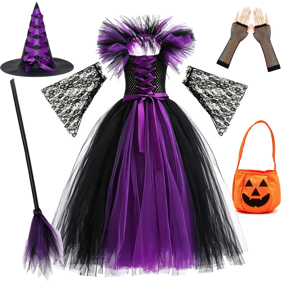 Schwarzes und lila Hexenkleid in voller Länge mit Hexenhut und Besen für Halloween-Cosplay für Mädchen – Detail 12