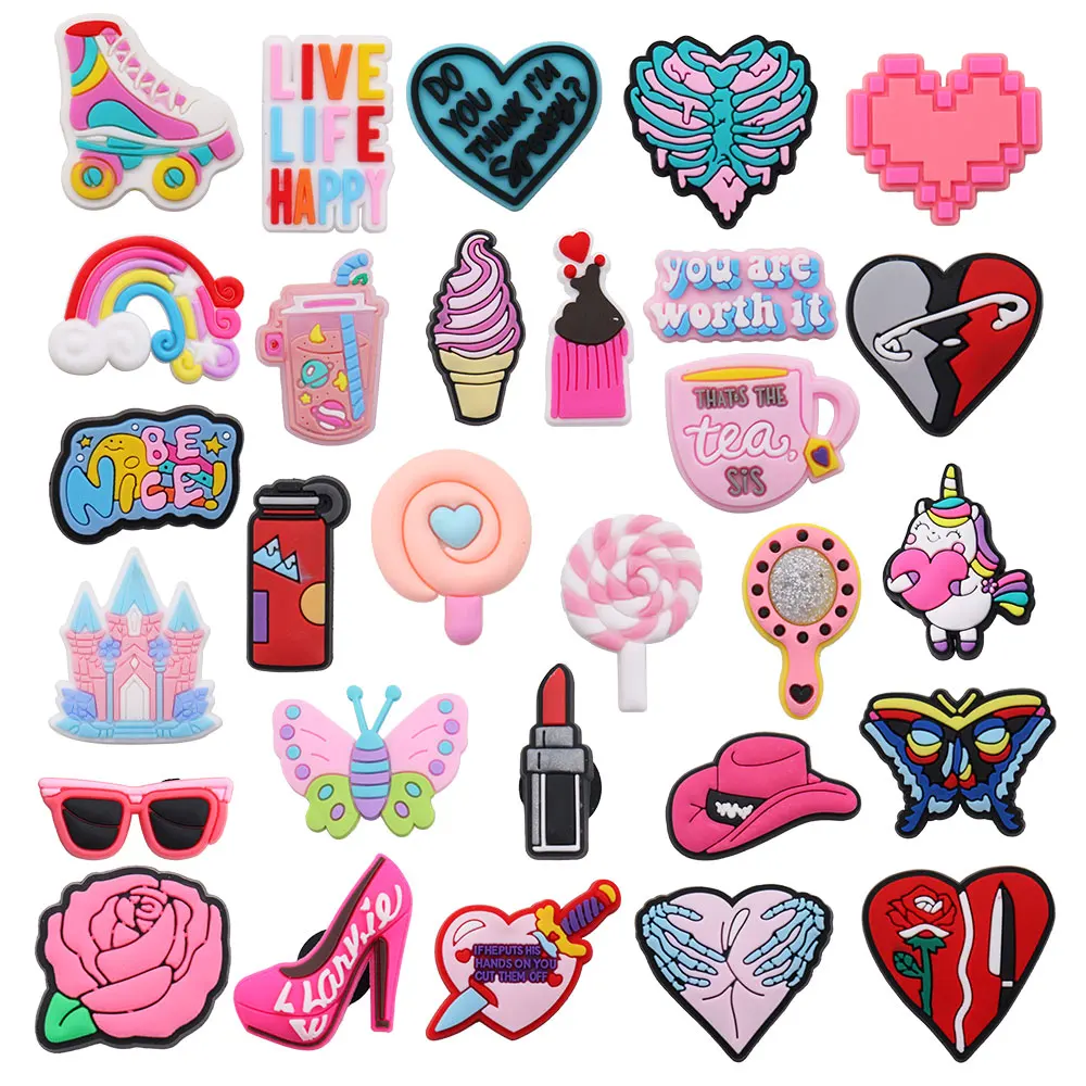 New Arrival 1pcs PVC Shoe Charms Live Life Happy Heart Rainbow Candy Butterfly Be Nice Hat Hole Shoes Decorations for Bands