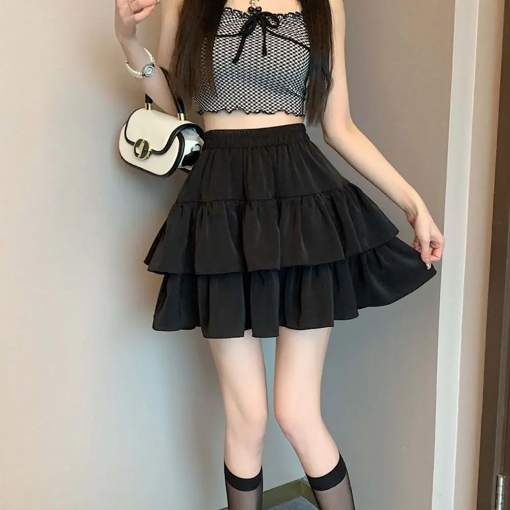 

A-line High Waisted Cake Skirt Double Layer with Safty Pants Pleated Fluffy Mini Skirt Elastic Waist Short Dress