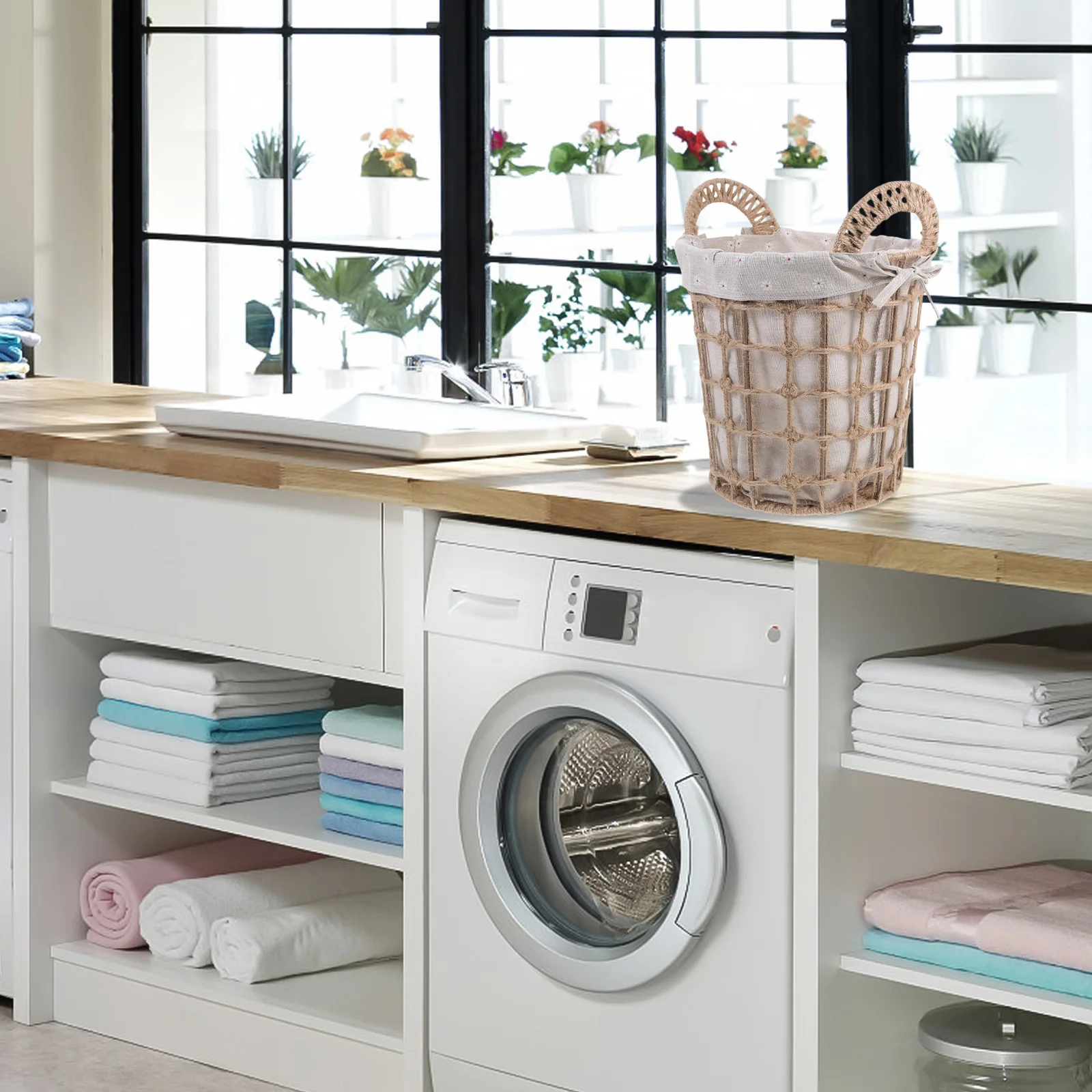 

Laundry Basket Woven Dirty Clothes Container Small Round Hemp Rope Handle Multi Purpose Household Supplies Retro Style