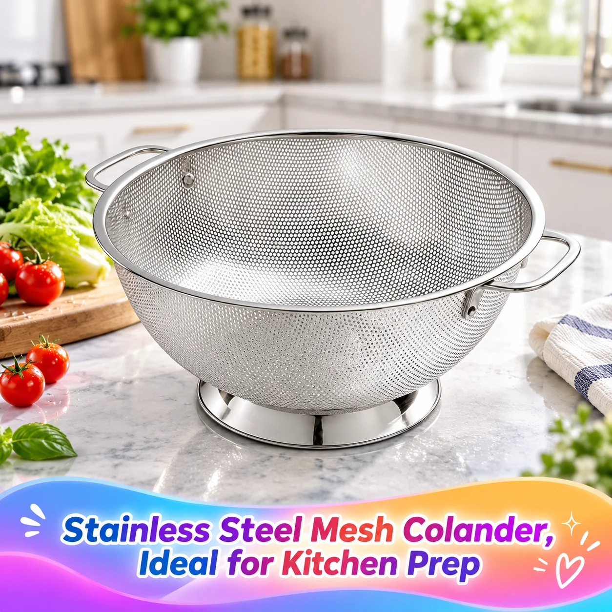 Stainless Steel Colander for Kitchen, 5 Quart Pasta & Rice Strainer, Fine Micro-Perforations, Stable No-Tip Base, Riveted Ergonomic Handles, Dishwasher Safe for Fruits, Vegetables & Grains