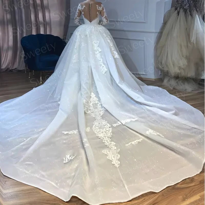 Glitter Detachable Train Wedding Dress Lace With Embroidery Beading Mermaid Ballgown Customized O-Neck Vestido De Novia Bride