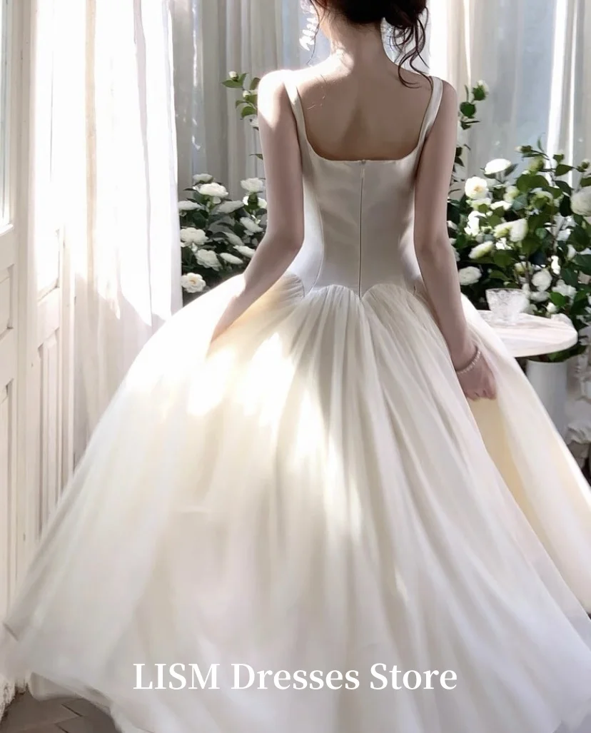 LISM col carré a-ligne corée robes de mariée personnalisé soie Satin Tulle longues robes de mariée élégantes ̄séance Photo