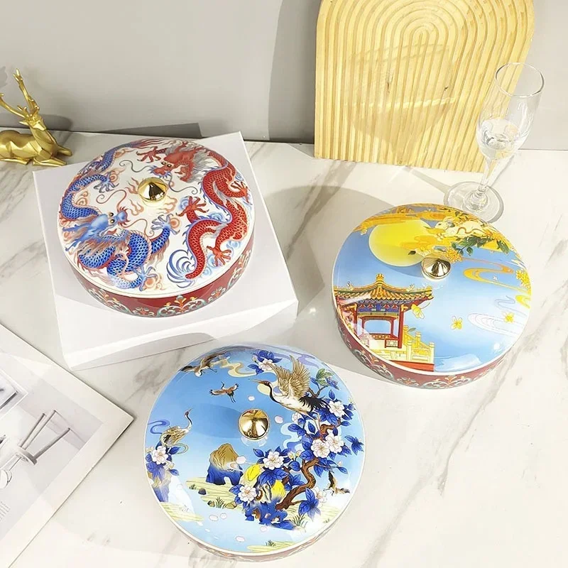 Mid-Autumn Festival Gifts Enamel-Colored Dried Fruit Plate With Compartments And Lid Bone China Nut Snack Melon Seed Plate