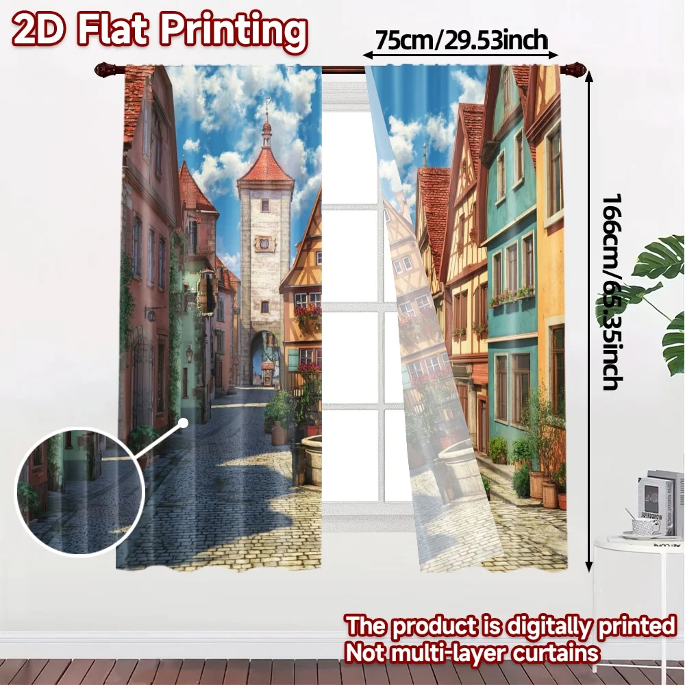 2pcs, 2D FLAT PRINTING Curtains (Without Rod) Old Town Square Popular Creative Curtains Prints Light Filtering Curtains Room